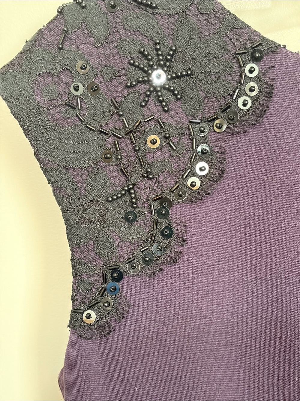 Elizabeth J Purple Dress with Black Lace & Sequin Embellishment on Shoulders M